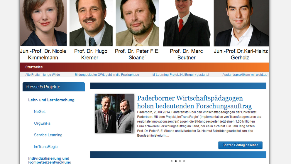 Abbildung: Wirtschaftspädagogik zum Anfassen – ein Klick auf eines der Porträts der fünf Wirtschaftspädagogen führt direkt auf die einzelnen Lehrstuhl-Seiten der Universität Paderborn. EDUNOMICS.de schafft Transparenz und konzentriert sich auf die