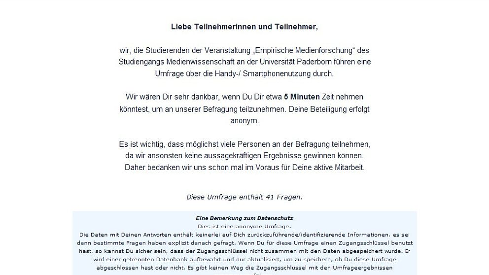 Abbildung: Eingangsseite der Online-Umfrage zur Handy- und Smartphonenutzung