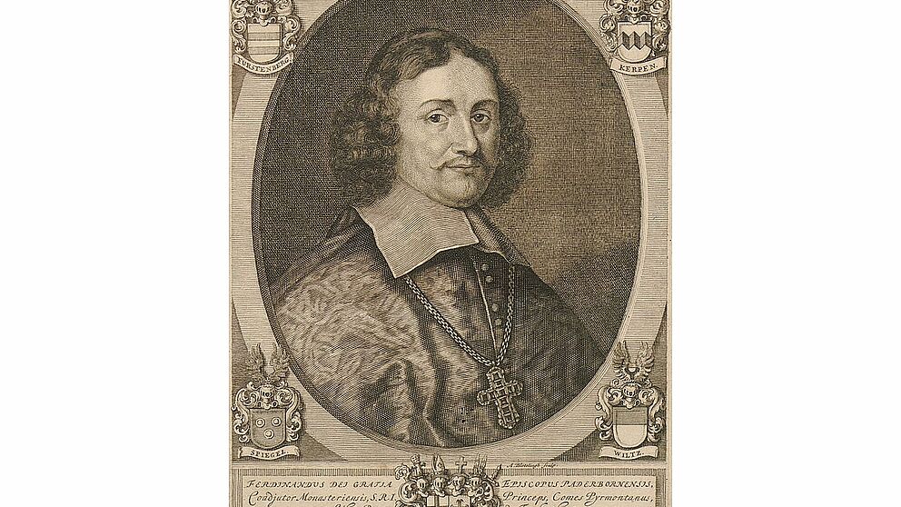 Abbildung: Bildnis des Ferdinand von Fürstenberg in der Monumenta Paderbornensia (2. Ausg. 1672); Bestand: Erzbischöfliche Akademische Bibliothek Paderborn. Digitalisat: Universitätsbibliothek Paderborn.