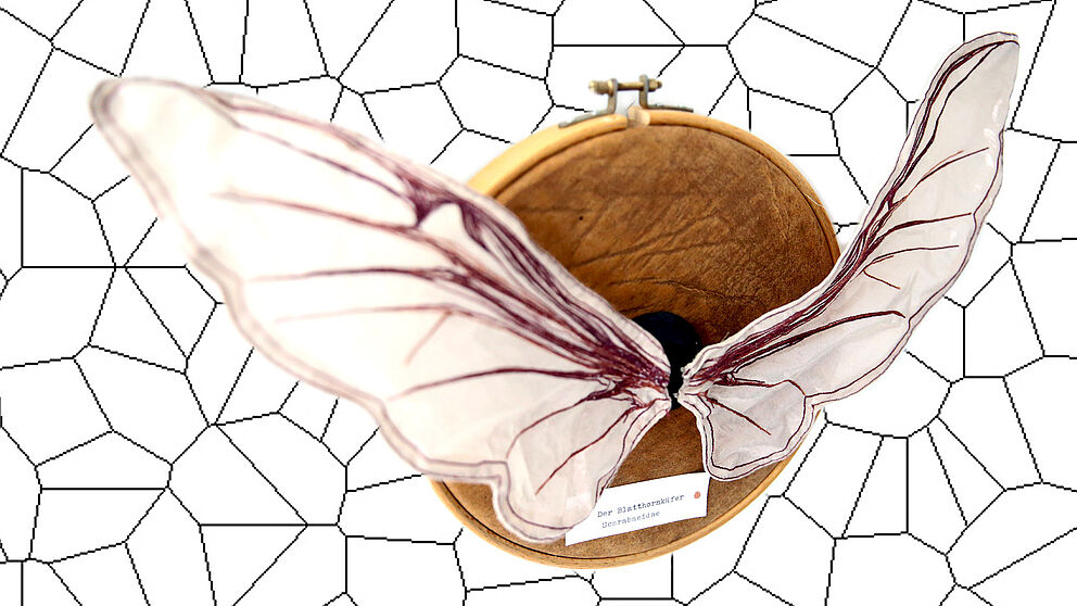 Geklatschte Trophäen: DIE EDELLIBELLE (2015):  Organzastoff, Draht, Kunstleder, Stickrahmen (32 cm), Styropor, ca.43 cm