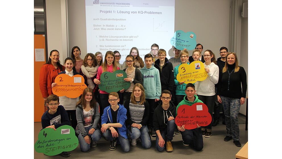 Foto (Universität Paderborn, Lars Nickel): 22 Gymnasiasten aus ganz OWL nahmen am Workshop „Energieeffiziente Mobilität: Strukturelles Kleben – mechanisches Fügen – mathematisches Modellieren“ an der Uni Paderborn teil. Betreut wurden die Teiln