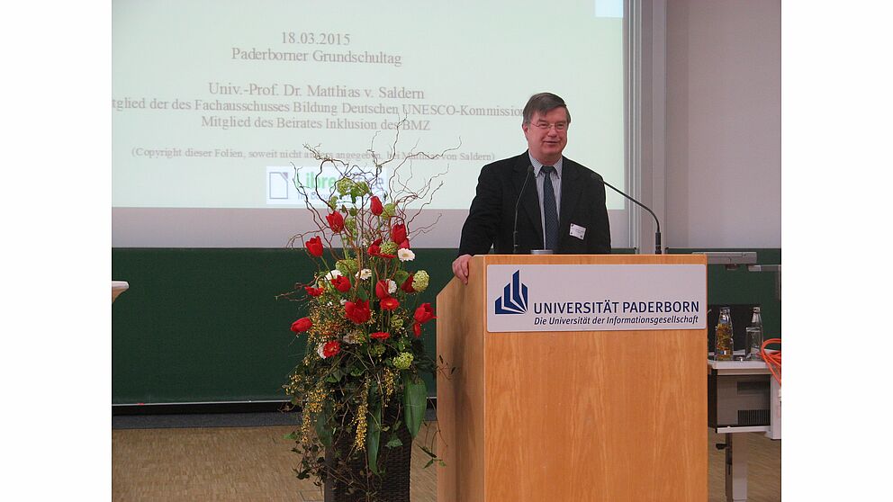 Foto (Universität Paderborn): Eröffnete Perspektiven auf den Inklusionsprozess: Hauptredner Prof. Dr. Matthias von Saldern.