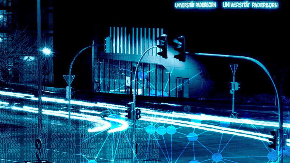 Fotomontage (Universität Paderborn, Kleibold/Pauly): Wissenschaftler der Uni Paderborn wollen Mobilitätsdaten für die Industrie verwertbar machen. Das stellt auch die Weichen für innovative Dienste im Bereich der Mobilität.