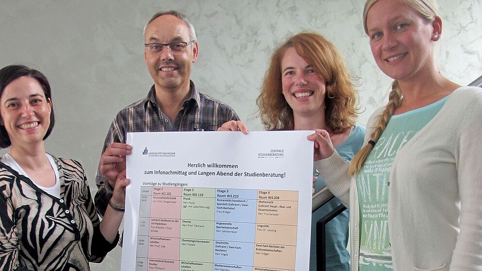 Foto (Universität Paderborn, Cinderella Schräder): Dr. Yvonne Koch (ZSB), Hubert Heinrichsmeier (Agentur für Arbeit Paderborn), Ann Kathrin Schade und Sina Rüweler (PLAZ) präsentieren das Programm zum langen Abend der Studienberatung.