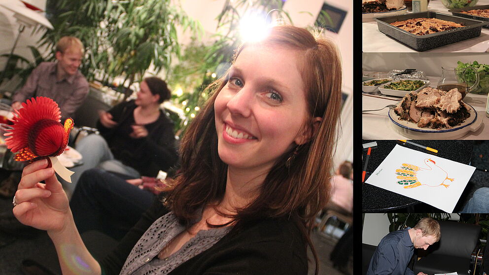 Fotos (Linda Krahn): Englisch-Dozentin Marion Zurborg und der Thanksgiving-Truthahn.