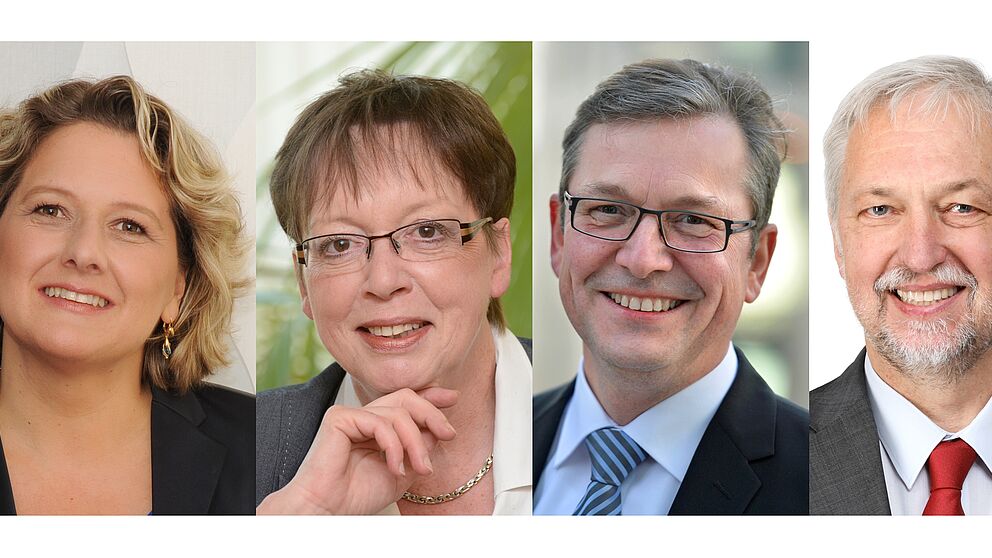 Abbildung: (v. l. n. r.) NRW-Wissenschaftsministerin Svenja Schulze, Regierungspräsidentin Marianne Thomann-Stahl, Michael Dreier, Bürgermeister der Stadt Paderborn, und Prof. Dr. Wilhelm Schäfer, Präsident der Universität Paderborn.
