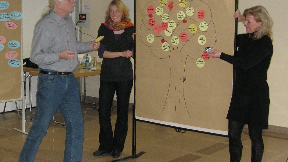 Foto (Universität Paderborn): Impression des Einführungsworkshops (v. li.): Jochen Burgdorf (Universität Bielefeld), Ann Katrin Schade und Dr. Yvonne Groening (beide von der myconsult GmbH).