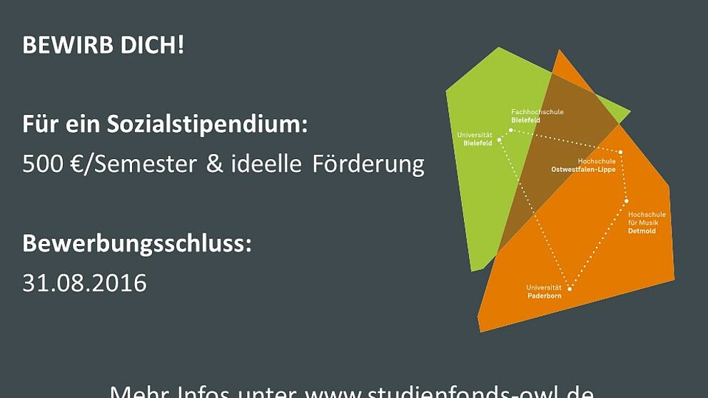 Studierende und Studieninteressierte können sich bis zum 31. August 2016 für ein Sozialstipendium der Stiftung Studienfonds OWL bewerben. Neben der finanziellen Förderung in Höhe von 500 Euro pro Semester profitieren die Stipendiaten auch von einer um