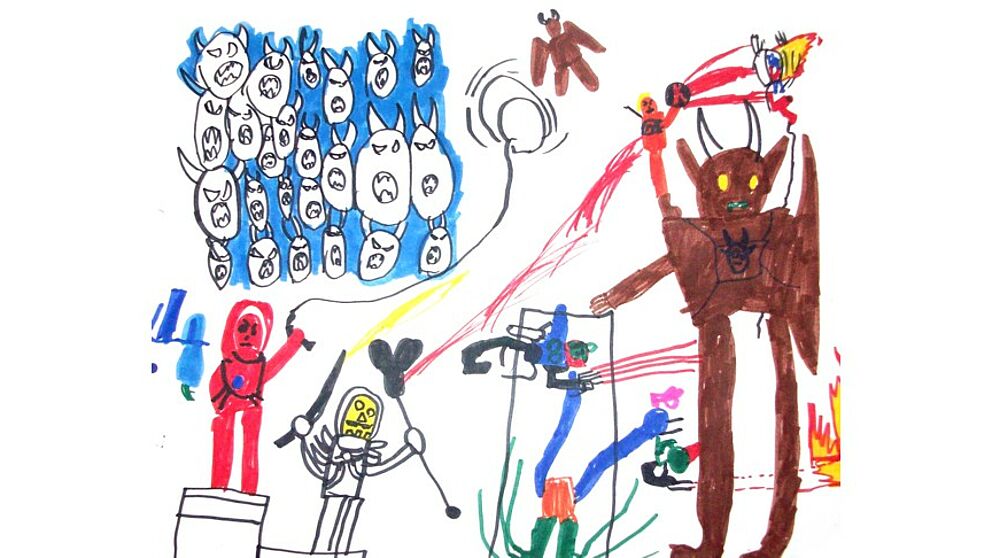 Abbildung: „Masters oft he Universe“. Filzstiftzeichnung (A3), Junge (5 Jahre alt), Copyright Christoph Scholter.
