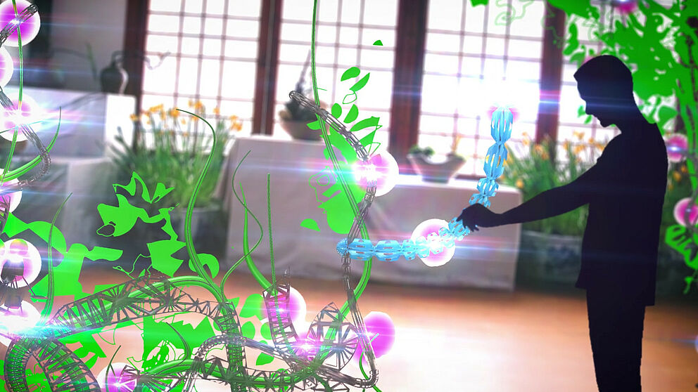 Grafik (Universität Paderborn): Vision des Forschungsprojektes „flora robotica“: Biohybride Gesellschaften aus Pflanzen und Robotern sollen künftig Lebensraum gestalten.