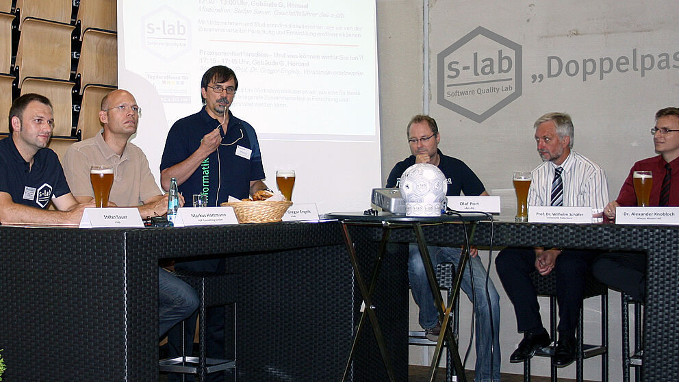 Foto (s-lab): Einigkeit beim s-lab “Doppelpass” am letzten Sonntag: Von der Zusammenarbeit zwischen Wirtschaft und Wissenschaft profitieren Unternehmen, Universität und Studierende.