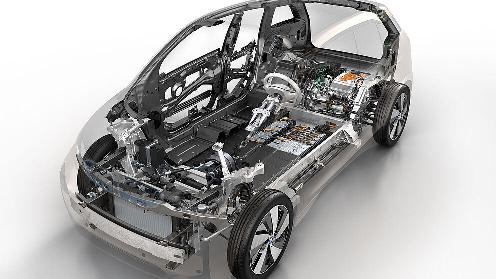 Foto (Quelle: BMW): Hybridsysteme in der automobilen Anwendung: Der elektrisch angetriebene BMW i3 mit einer Karosserie aus Kohlenstofffaser-Verbundwerkstoffen, einem geschweißten Aluminiumrahmen und Kunststoffteilen in der Außenhaut.