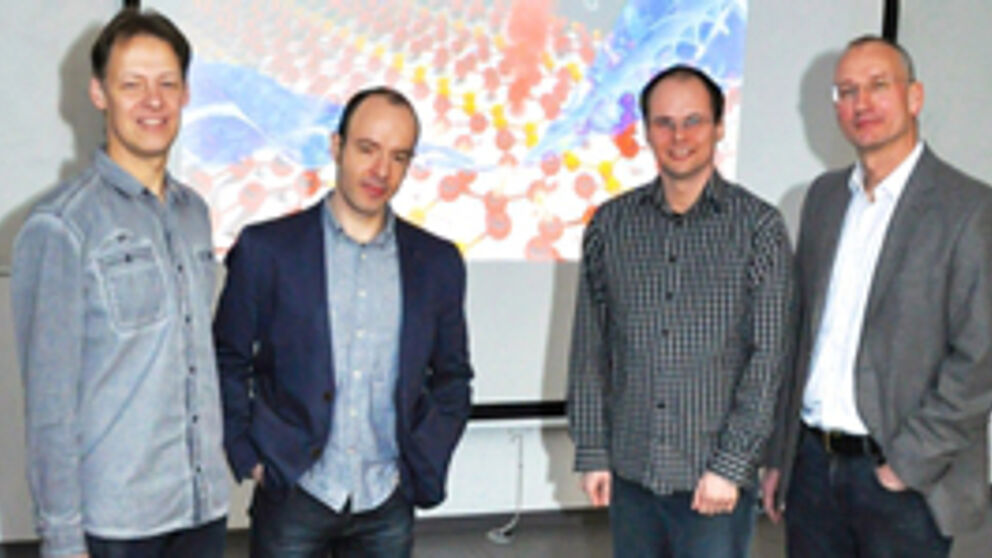 Foto (Universität Paderborn): Das Forscherteam aus Paderborn (v. l.): Dr. Uwe Gerstmann, Jun. Prof. Dr. Simone Sanna, Dr. Andreas Lücke und Prof. Dr. Wolf Gero Schmidt.