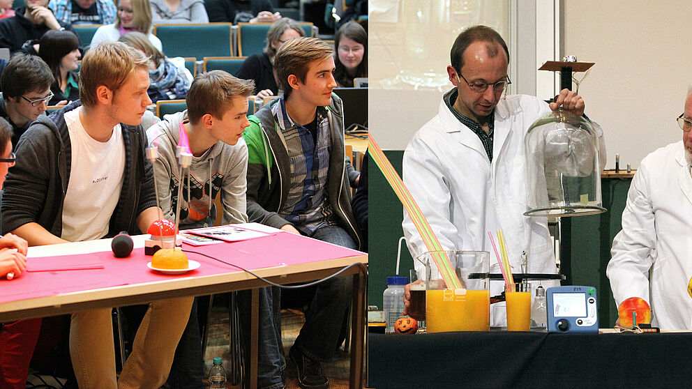 Fotos (Universität Paderborn, Adelheid Rutenburges): Gespannte Blicke eines Rateteams: Wie wird das Experiment ausgehen? Prof. i. R. Dr. Heinrich Marsmann (rechts) und Dr. Andreas Hoischen präsentieren Naturwissenschaft zum Staunen.
