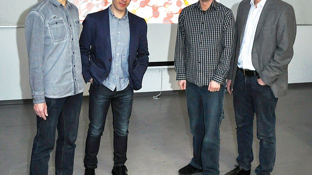 Foto (Universität Paderborn): Das Forscherteam aus Paderborn (v. l.): Dr. Uwe Gerstmann, Jun. Prof. Dr. Simone Sanna, Dr. Andreas Lücke und Prof. Dr. Wolf Gero Schmidt.