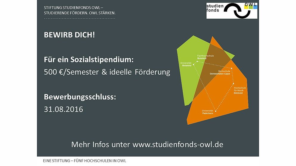 Studierende und Studieninteressierte können sich bis zum 31. August 2016 für ein Sozialstipendium der Stiftung Studienfonds OWL bewerben. Neben der finanziellen Förderung in Höhe von 500 Euro pro Semester profitieren die Stipendiaten auch von einer um