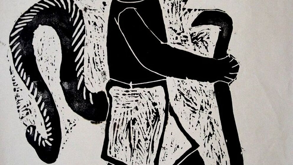 Foto (Archiv KinderKunst e. V.): Holzschnitt. Der Gestiefelte Kater. Schülerarbeit 1970.