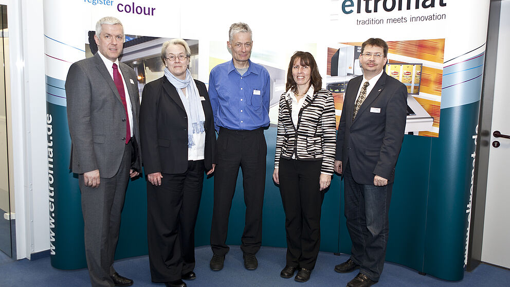 Foto (Universität Paderborn): Die Vortragenden (vlnr): Dirk Völlmecke (eltromat), Prof. Dr. Bärbel Mertsching (GET Lab), Dr. Reinhard Borst (ELTEC AG) , Dr. Elke Radeke (Incony AG), Prof. Dr. Volker Lohweg (Institut für industrielle Informationstechni