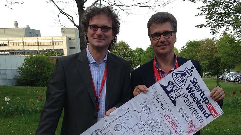 Foto (TecUP, Universität Paderborn): Prof. Dr. Rüdiger Kabst (li.) und Hubert Böddeker machen sich für Gründerkultur in der Region OWL stark.